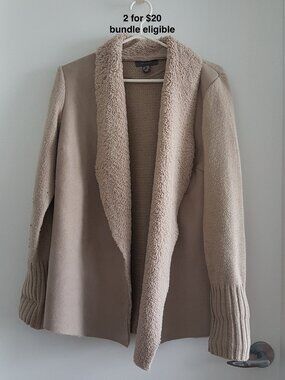 Primark Open Front Cardigan Sherpa Collar with Knit and Faux Suede Camel